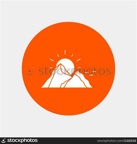 hill, landscape, nature, mountain, sun White Glyph Icon in Circle. Vector Button illustration. Vector EPS10 Abstract Template background