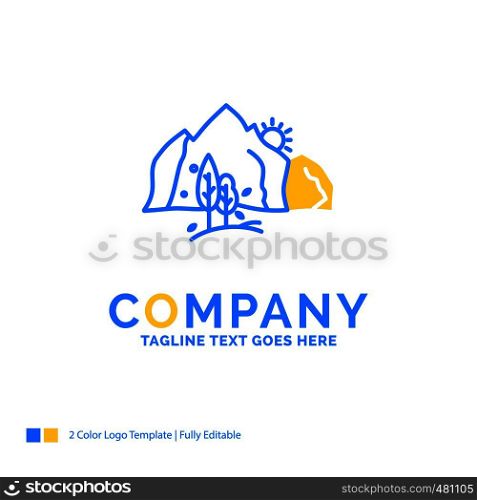 hill, landscape, nature, mountain, tree Blue Yellow Business Logo template. Creative Design Template Place for Tagline.