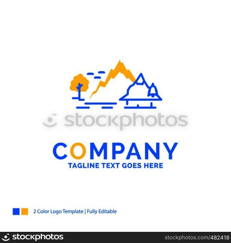 hill, landscape, nature, mountain, tree Blue Yellow Business Logo template. Creative Design Template Place for Tagline.