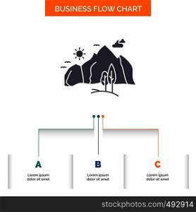 hill, landscape, nature, mountain, tree Business Flow Chart Design with 3 Steps. Glyph Icon For Presentation Background Template Place for text.. Vector EPS10 Abstract Template background