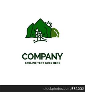 hill, landscape, nature, mountain, tree Flat Business Logo template. Creative Green Brand Name Design.