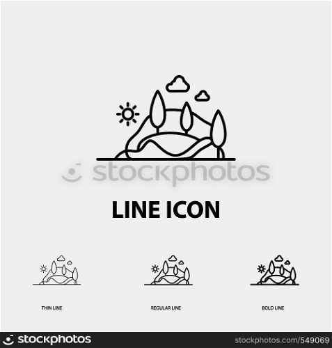 hill, landscape, nature, mountain, tree Icon in Thin, Regular and Bold Line Style. Vector illustration. Vector EPS10 Abstract Template background