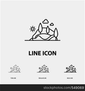 hill, landscape, nature, mountain, tree Icon in Thin, Regular and Bold Line Style. Vector illustration. Vector EPS10 Abstract Template background