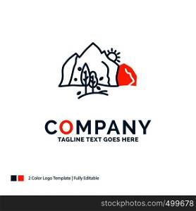 hill, landscape, nature, mountain, tree Logo Design. Blue and Orange Brand Name Design. Place for Tagline. Business Logo template.