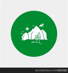 hill, landscape, nature, mountain, tree White Glyph Icon in Circle. Vector Button illustration. Vector EPS10 Abstract Template background