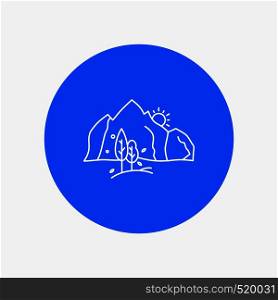 hill, landscape, nature, mountain, tree White Line Icon in Circle background. vector icon illustration. Vector EPS10 Abstract Template background