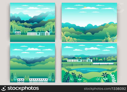 Hills and mountains landscape, house farm in flat style design boondle. Outdoor panorama countryside illustration set. Green field, tree, forest, blue sky and sun. Rural location, cartoon vector background