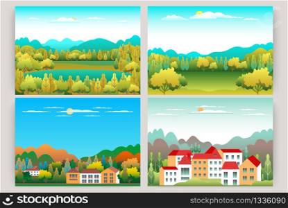 Hills and mountains landscape, house farm in flat style design. Outdoor panorama countryside illustration boondle. Green field, tree, forest, blue sky and sun. Rural location, cartoon vector background