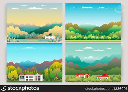 Hills and mountains landscape, house farm in flat style design. Outdoor panorama countryside illustration boondle. Green field, tree, forest, blue sky and sun. Rural location, cartoon vector background