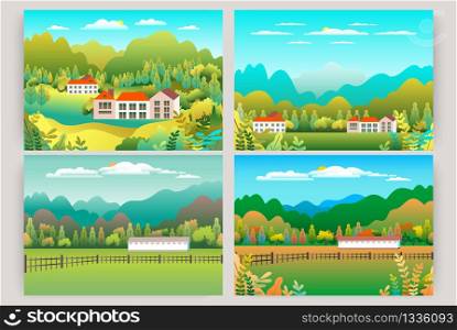 Hills and mountains landscape, house farm in flat style design. Outdoor panorama countryside illustration set. Green field, tree, forest, blue sky and sun. Rural location, cartoon vector background