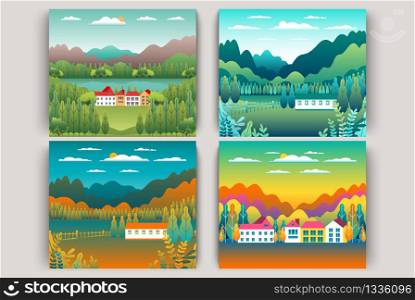 Hills and mountains landscape, house farm in flat style design. Outdoor panorama countryside illustration set. Green field, tree, forest, blue sky and sun. Rural location, cartoon vector background
