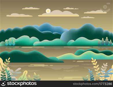 Hills landscape in flat style design. Beautiful field, meadow, mountains and sky. Rural location with valley, lake, river, hills, forest, trees. Green brown gradient colors. Cartoon background vector