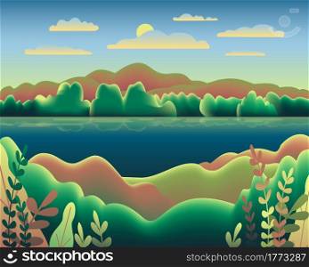 Hills landscape in flat style design. Beautiful field, meadow, mountains and sky. Rural location with valley, lake, river, hills, forest, trees. Green blue gradient colors. Cartoon background vector