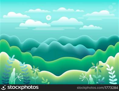 Hills, mountains landscape in flat style design. Beautiful field, meadow, sky, cloud and sun. Rural location with valley forest, trees. Green blue gradient color.Cartoon background vector illustration