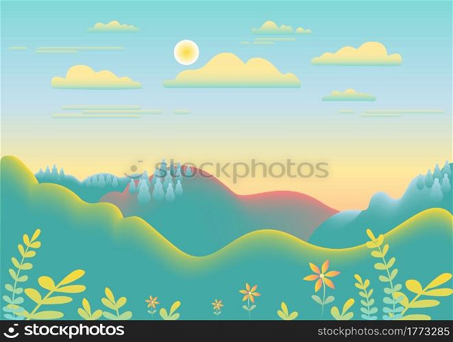 Hills, mountains landscape in flat style design. Beautiful field, meadow, sky, cloud and sun. Rural location with valley forest, trees.Blue yellow gradient color.Cartoon background vector illustration