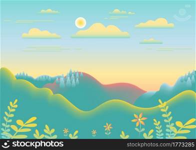 Hills, mountains landscape in flat style design. Beautiful field, meadow, sky, cloud and sun. Rural location with valley forest, trees.Blue yellow gradient color.Cartoon background vector illustration