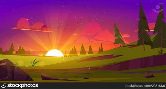 Hills with green grass, conifers and sun on horizon at sunset. Vector illustration of summer or spring landscape of meadow or pasture with plants, trees and stones at evening. Hills with green grass and conifers at sunset