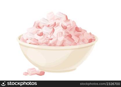 Himalayan pink salt pile, grain mineral spice in bowl in cartoon style isolated on white background. Organic, natural ingredient. Vector illustration