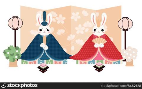 Hina Matsuri  Japanese Girls Festival  celebration card. Bunny dolls of emperor family sitting with rice cake, golden screen, and cherry flowers. Caption translation  Hinamatsuri. Hina Matsuri  Japanese Girls Festival  celebration card.