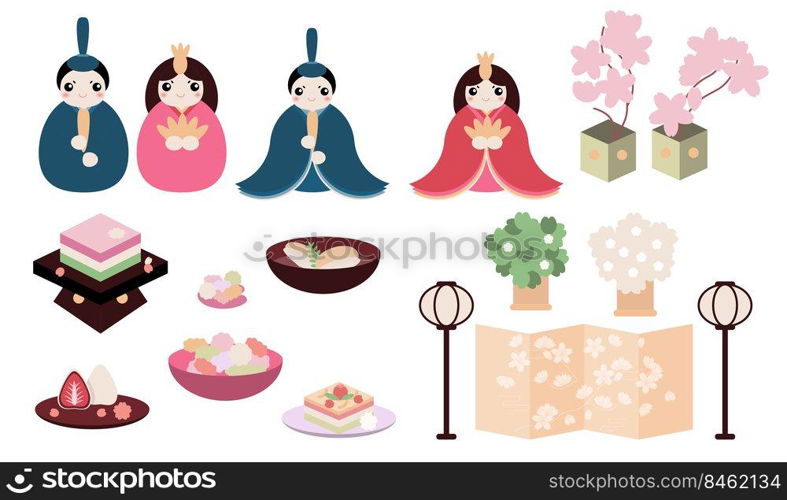 Hina Matsuri  Japanese Girls Festival  celebration card. Dolls of emperor family sitting with rice cake, daifuku mochi, and various festive dishes, golden screen, flowers. Vector objects set.. Hina Matsuri  Japanese Girls Festival  celebration card.