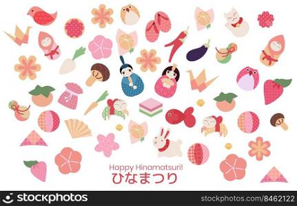 Hina Matsuri (Japanese Girls Festival) celebration card. Emperor family dolls surrounded by various hand made objects used to make good wish. Caption translation: Hinamatsuri. Hina Matsuri (Japanese Girls Festival) celebration card.