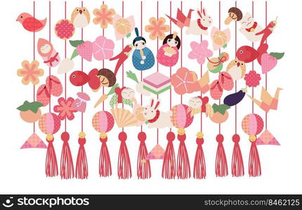 Hina Matsuri (Japanese Girls Festival) celebration card. Tsurushi Bina hanging handmade decoration with emperor family dolls and various objects.. Hina Matsuri (Japanese Girls Festival) celebration card.