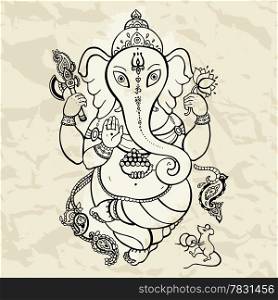 Hindu God Ganesha. Vector hand drawn illustration. Crumped paper background.