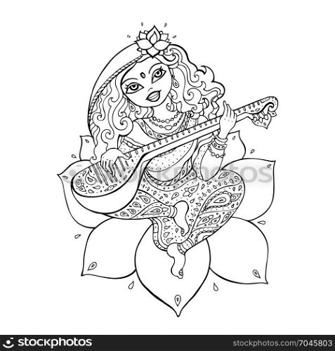 Hindu Goddess Saraswati.. Hindu Goddess Saraswati. Vector hand drawn illustration.