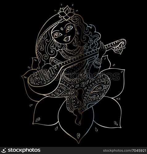 Hindu Goddess Saraswati.. Hindu Goddess Saraswati. Vector hand drawn illustration.