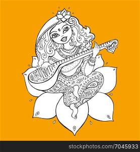 Hindu Goddess Saraswati.. Hindu Goddess Saraswati. Vector hand drawn illustration.