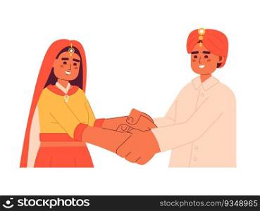 Hindu wedding couple holding hands semi flat colorful vector characters. Happy indian groom and bride. Editable half body people on white. Simple cartoon spot illustration for web graphic design. Hindu wedding couple holding hands semi flat colorful vector characters