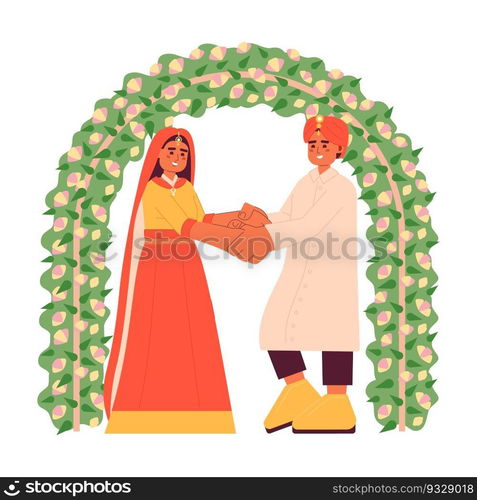 Hindu wedding flat concept vector spot illustration. Indian groom and bride 2D cartoon characters on white for web UI design. Traditional arranged marriage isolated editable creative hero image. Hindu wedding flat concept vector spot illustration