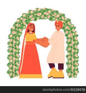 Hindu wedding flat concept vector spot illustration. Indian groom and bride 2D cartoon characters on white for web UI design. Traditional arranged marriage isolated editable creative hero image. Hindu wedding flat concept vector spot illustration