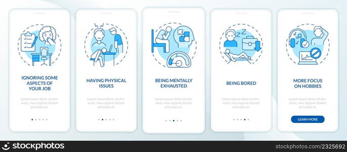 Hints you are in wrong profession blue onboarding mobile app screen. Walkthrough 5 steps graphic instructions pages with linear concepts. UI, UX, GUI template. Myriad Pro-Bold, Regular fonts used. Hints you are in wrong profession blue onboarding mobile app screen