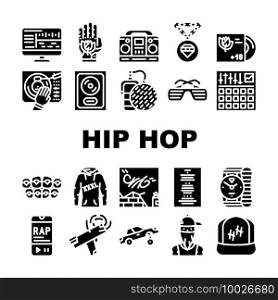 Hip Hop And Rap Music Collection Icons Set Vector. Hip Hop Gold Disc And Gangsta Rapper, Mesh Microphone Device And Tattoo, Clothes And Glasses Glyph Pictograms Black Illustrations. Hip Hop And Rap Music Collection Icons Set Vector