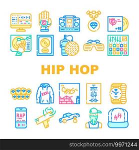 Hip Hop And Rap Music Collection Icons Set Vector. Hip Hop Gold Disc And Gangsta Rapper, Mesh Microphone Device And Tattoo, Clothes And Glasses Concept Linear Pictograms. Contour Color Illustrations. Hip Hop And Rap Music Collection Icons Set Vector