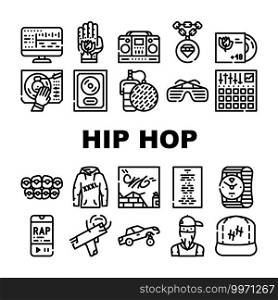 Hip Hop And Rap Music Collection Icons Set Vector. Hip Hop Gold Disc And Gangsta Rapper, Mesh Microphone Device And Tattoo, Clothes And Glasses Black Contour Illustrations. Hip Hop And Rap Music Collection Icons Set Vector