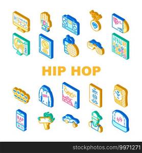Hip Hop And Rap Music Collection Icons Set Vector. Hip Hop Gold Disc And Gangsta Rapper, Mesh Microphone Device And Tattoo, Clothes And Glasses Isometric Sign Color Illustrations. Hip Hop And Rap Music Collection Icons Set Vector