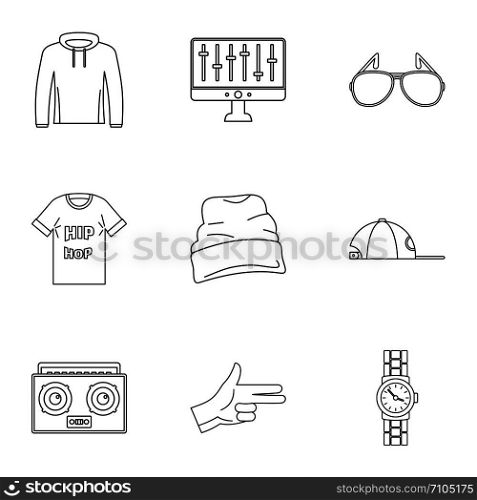 Hip hop icon set. Outline set of 9 hip hop vector icons for web design isolated on white background. Hip hop icon set, outline style