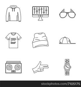 Hip hop icon set. Outline set of 9 hip hop vector icons for web design isolated on white background. Hip hop icon set, outline style