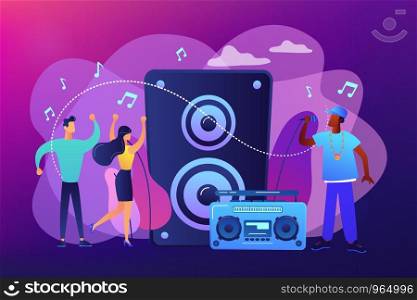 Hip hop singer with microphone at music speaker and tiny people dancing at concert. Hip hop music, hip hop party, RAP music classes concept. Bright vibrant violet vector isolated illustration. Hip-hop music concept vector illustration.