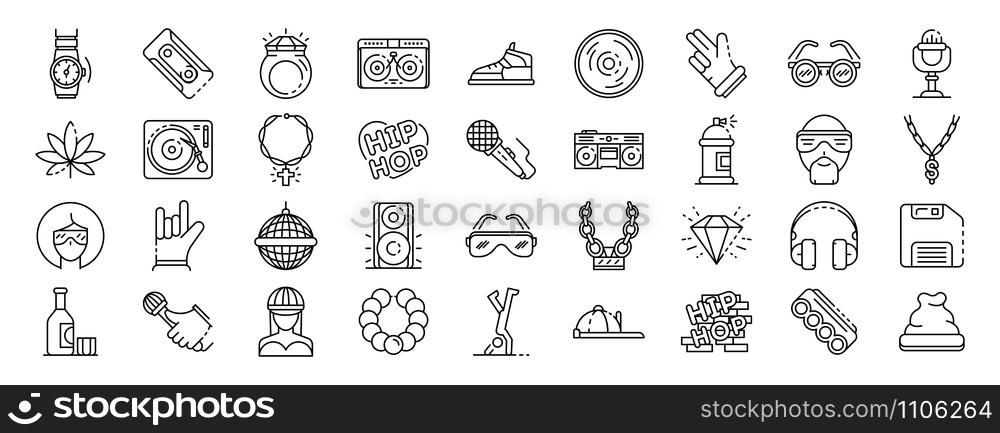 Hiphop icon set. Outline set of hiphop vector icons for web design isolated on white background. Hiphop icon set, outline style