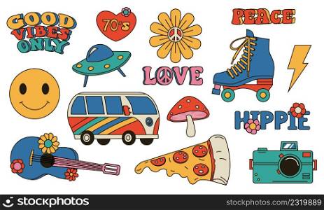 Hippie 70s logo. Cartoon funny psychedelic stickers with pacific peace symbol. Agaric mushroom and pizza. Guitar and hippy van. Lightning, heart or daisy flower icons. Vector isolated retro signs set. Hippie 70s logo. Cartoon funny psychedelic stickers with pacific peace symbol. Mushroom and pizza. Guitar and hippy van. Lightning, heart or flower icons. Vector isolated retro signs set