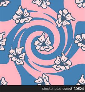 Hippie aesthetic floral swirl dizzy pattern with flowers. Giddy print in 1970s style for T-shirt, textile and fabric. Doodle vector illustration for decor and design.