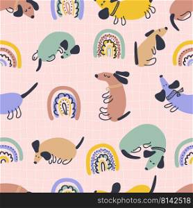 Hippie aesthetic seamless pattern with dachshunds and rainbows. Groovy background for T-shirt, poster, card and print. Doodle vector illustration for decor and design.
