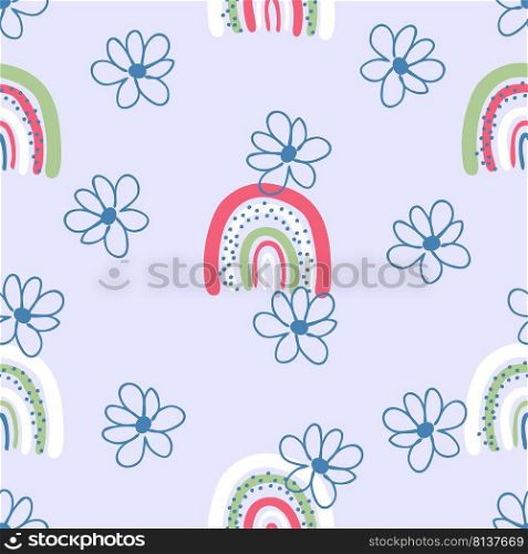 Hippie aesthetic seamless pattern with daisies and rainbows in 1970s style. Floral print for T-shirt, fabric, textile. Doodle vector illustration for decor and design.