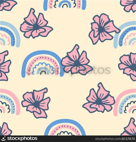 Hippie aesthetic seamless pattern with flowers and rainbows. Groovy background for T-shirt, poster, card and print. Doodle vector illustration for decor and design.