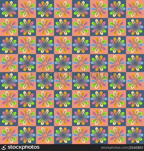 Hippie aesthetic seamless pattern with rainbow daisy flowers. Groovy floral background for textile, stationery, wrapping paper, covers. Doodle vector illustration for decor and design.