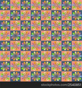 Hippie aesthetic seamless pattern with rainbow daisy flowers. Groovy floral background for textile, stationery, wrapping paper, covers. Doodle vector illustration for decor and design.