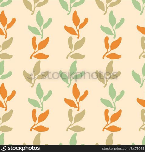Hippie aesthetic seamless pattern with small plant leaves. Mid century style print for tee, fabric, stationery. Hand drawn vector illustration for decor and design.